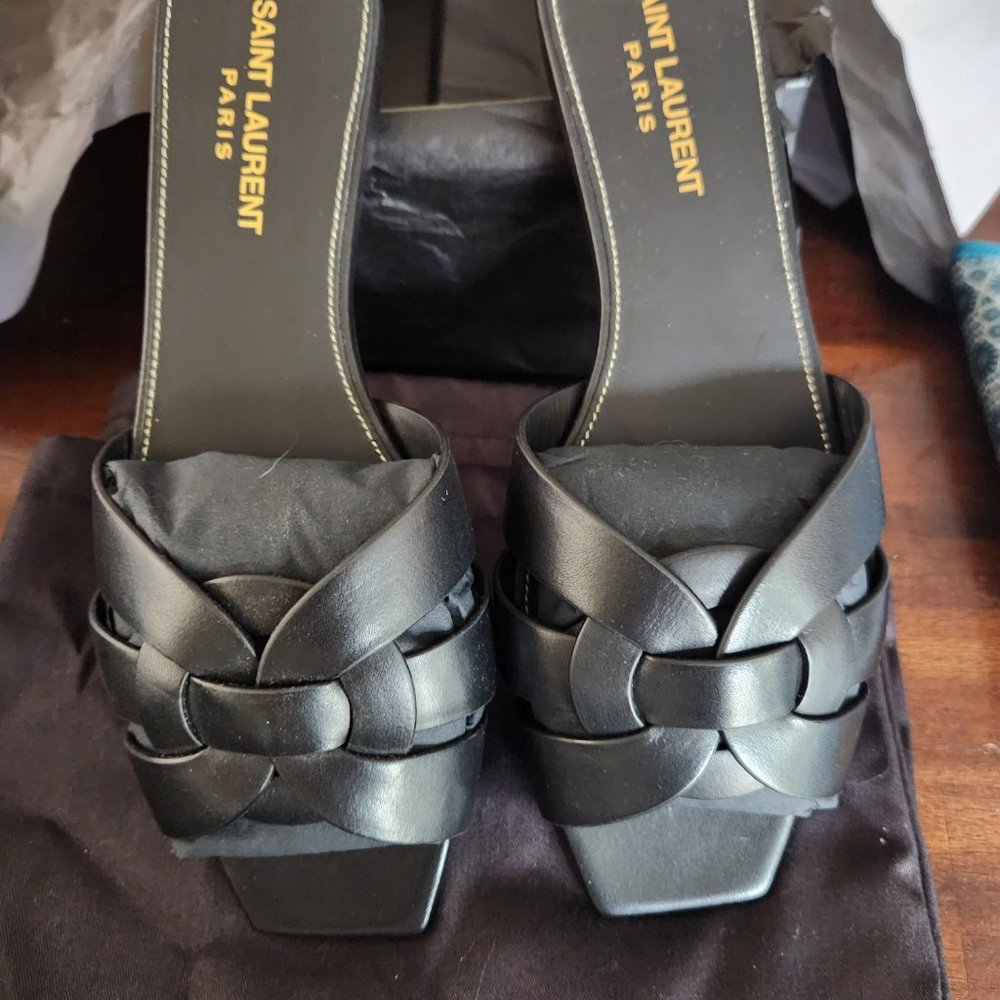 Saint Laurent Woven Leather Slides, Brand New